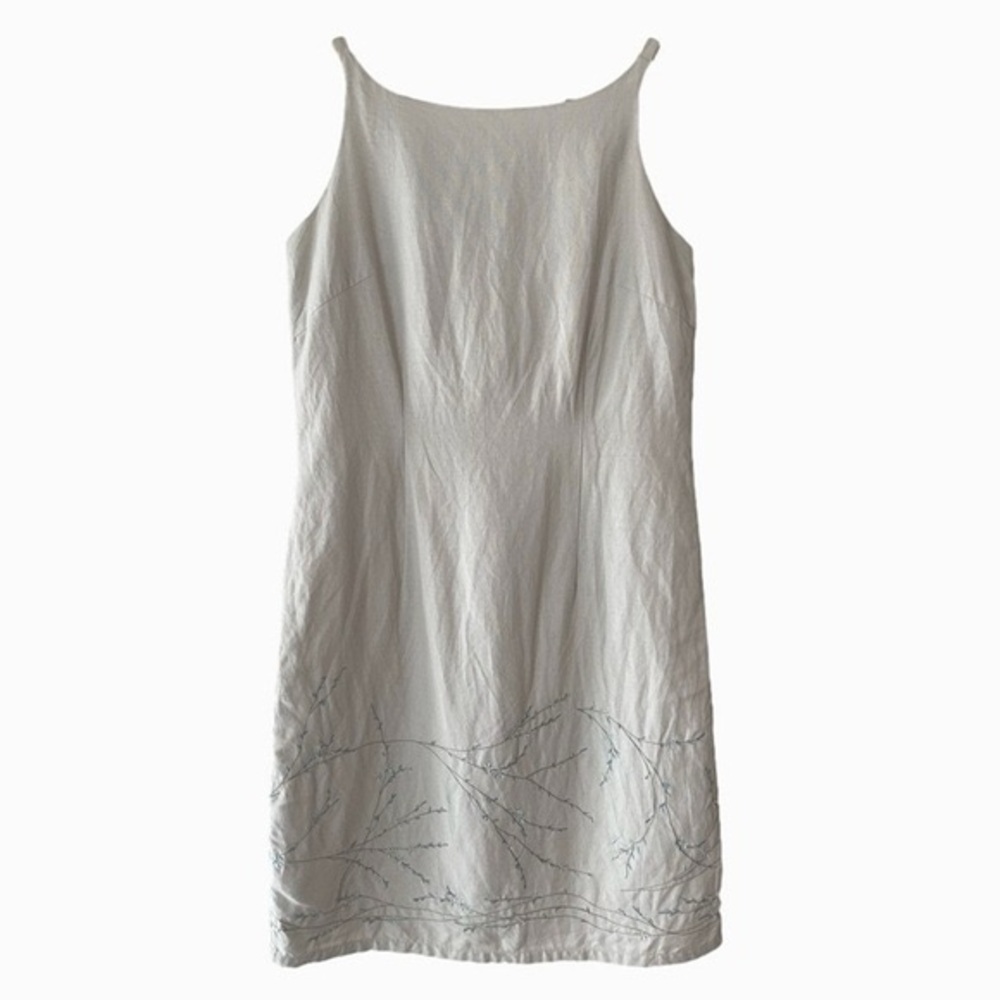 Vintage 90s Minimalist Embroidered Beige Mini Dress Ramie Rayon Size 6